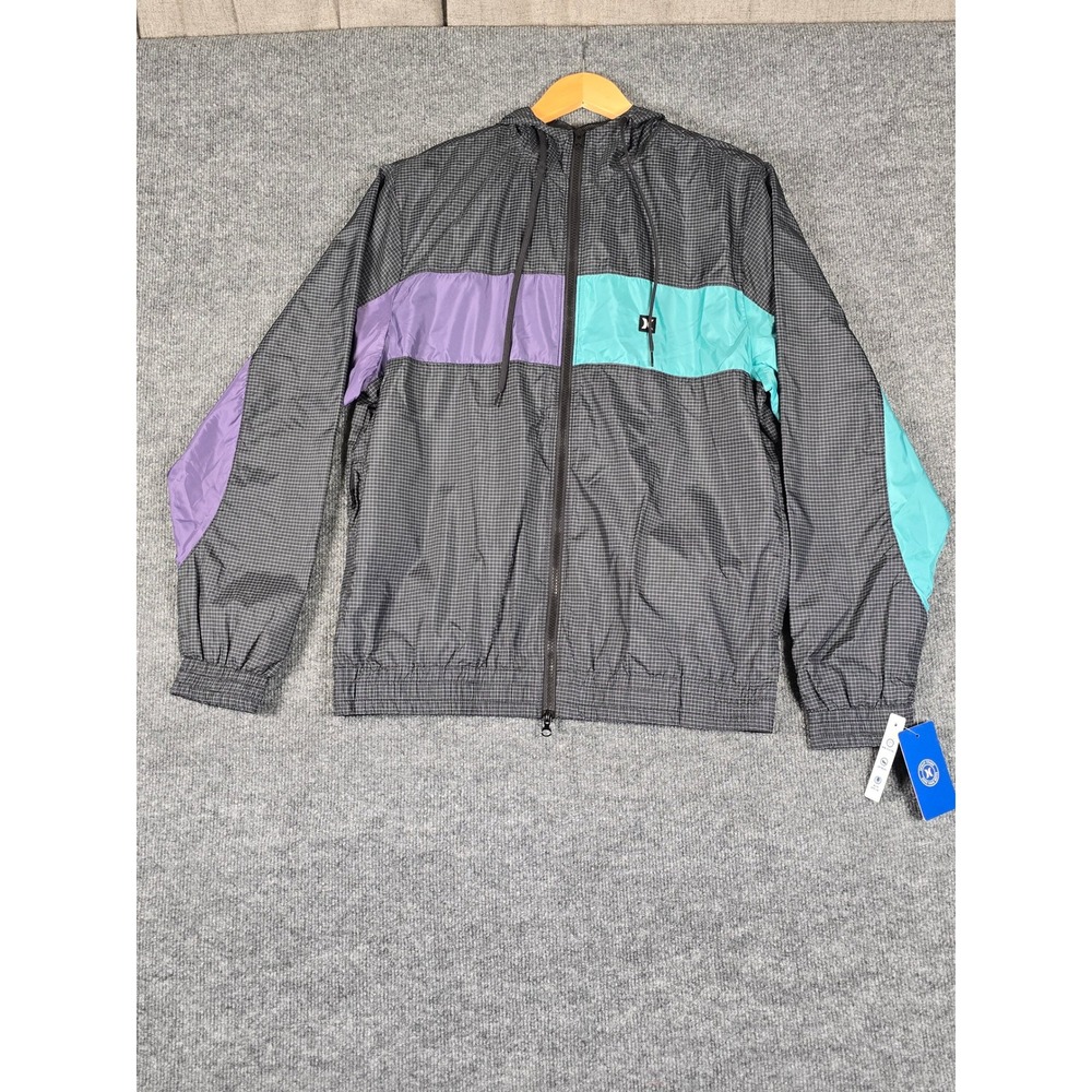 New Hurley Mens Windbreaker Jacket Black Purple Color Block Sz S‎ Lightweight